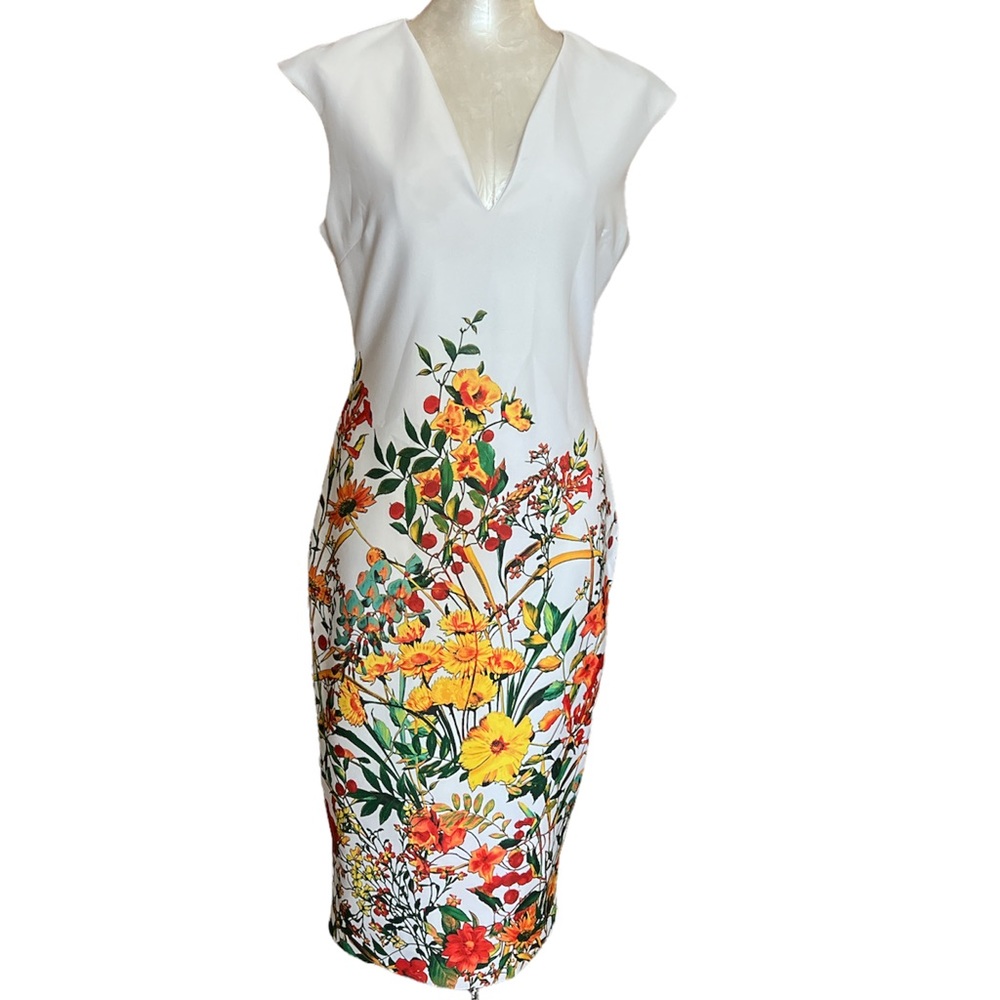 New York & Company Women's Sleeveless Dress White Floral V-Neck Midi Medium